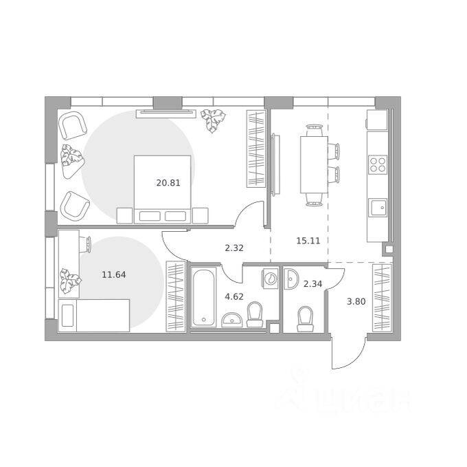 2-комн. квартира, 60,64 м², в ЖК «Нижегородская от Гранель»