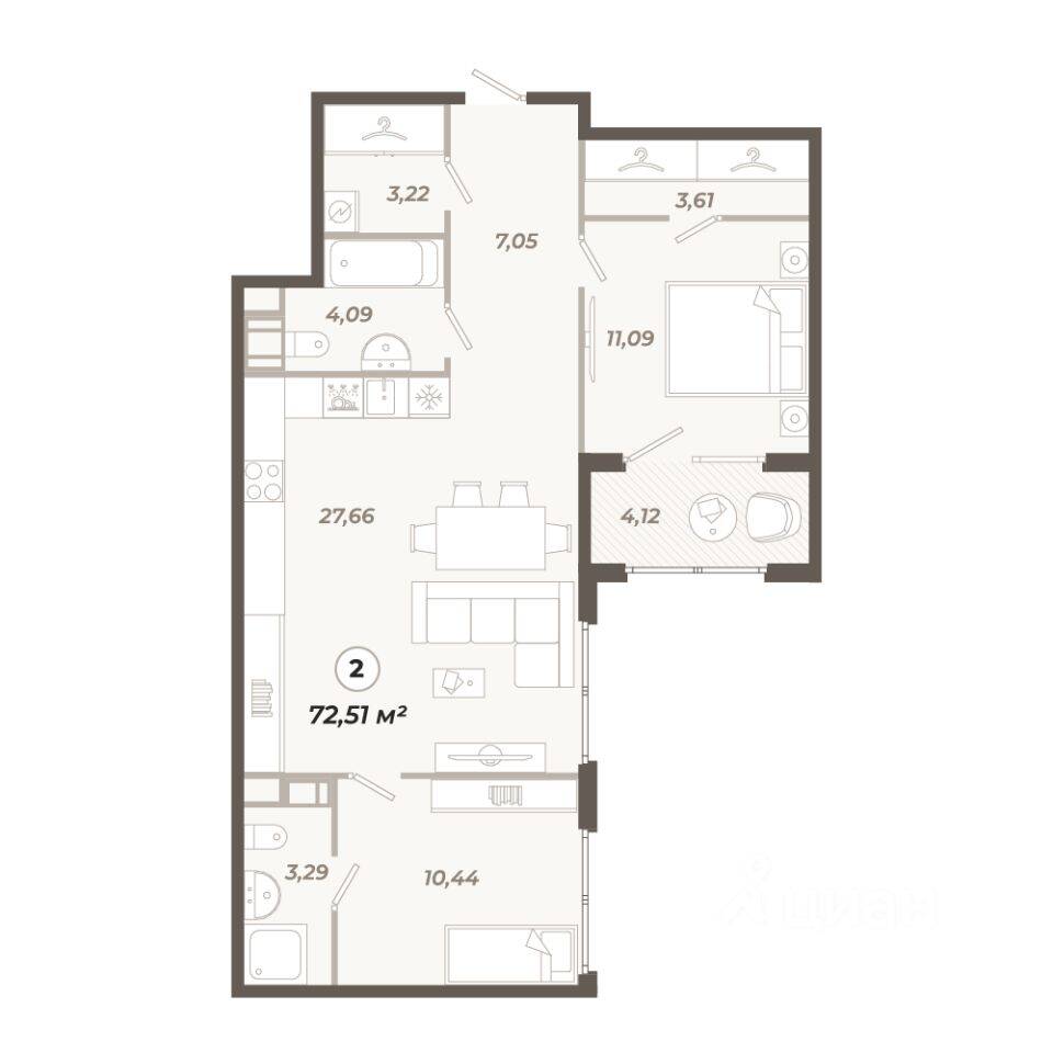 2-комн. квартира, 72,51 м², в ЖК «Знатный»