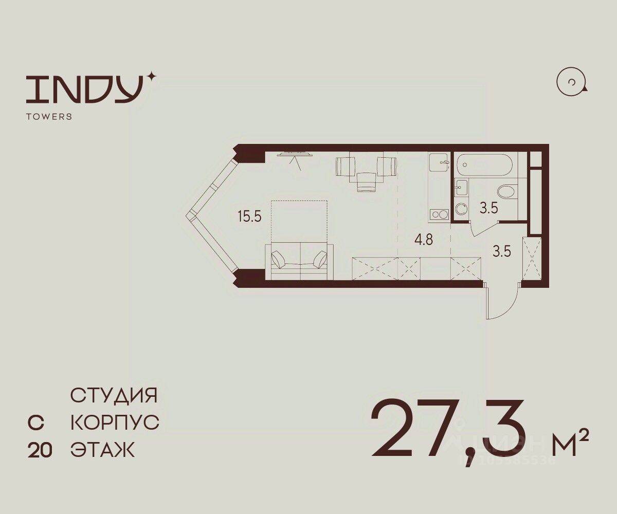 Планировка 1 комнатной квартиры, 27.3 м², в «Indy Towers»