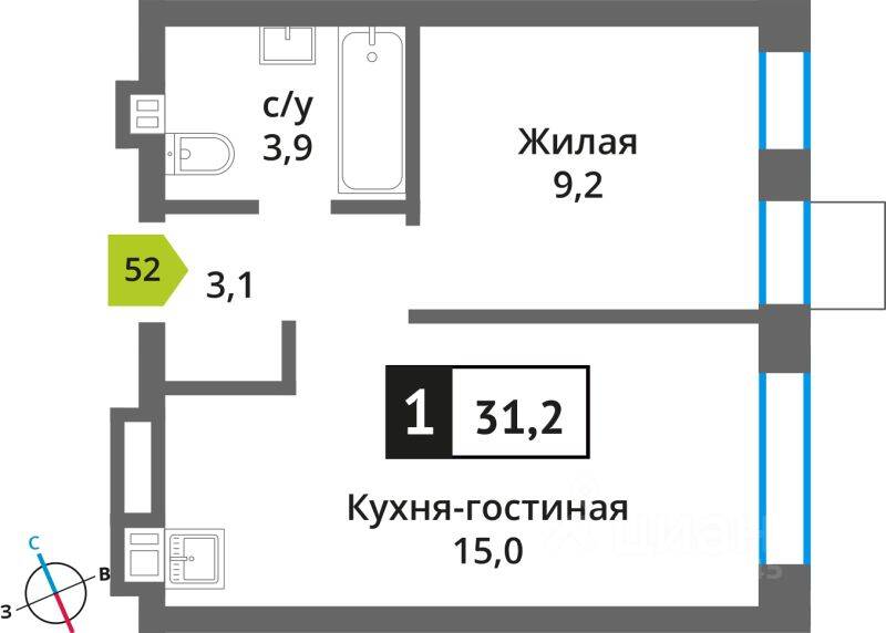 Квартира-студия, 31,2 м², в ЖК Никольский квартал Отрада