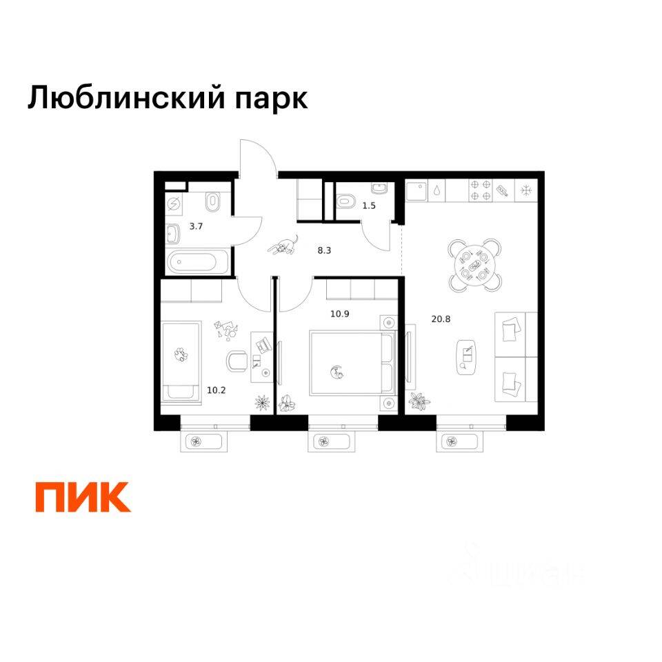 2-комн. квартира, 55,4 м², в ЖК «Люблинский парк»