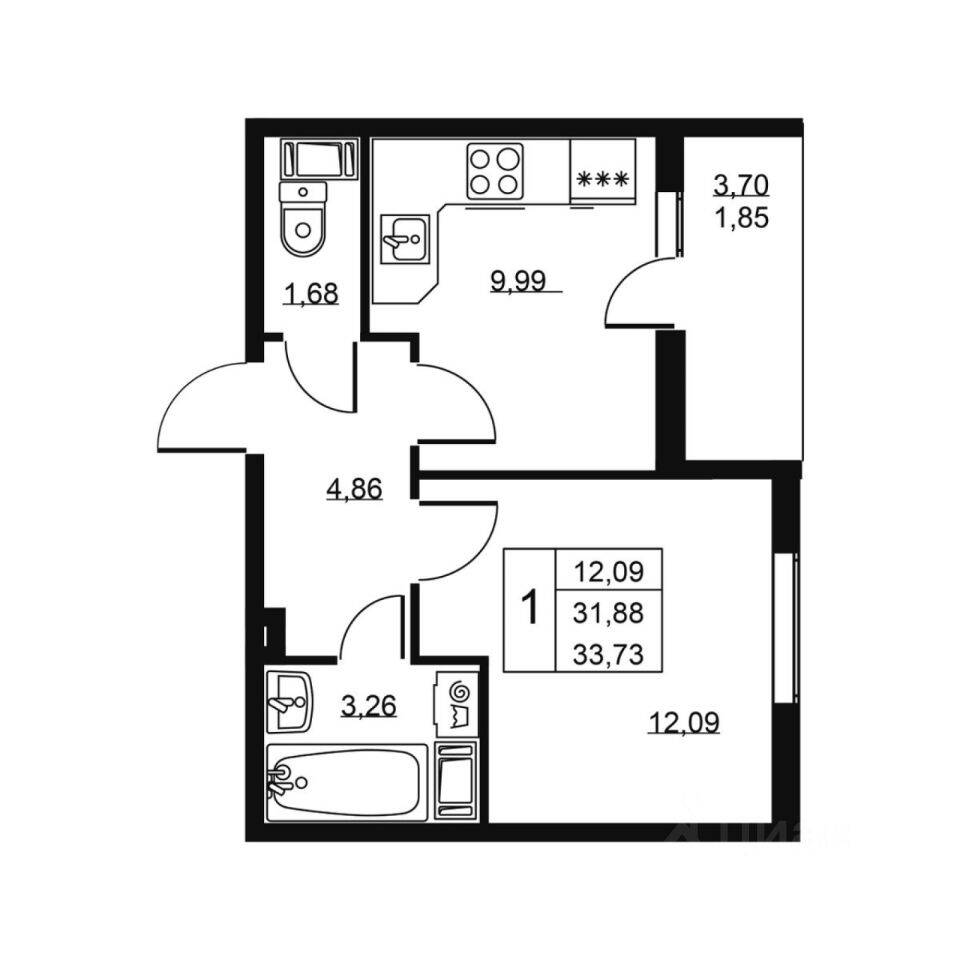 1-комн. квартира, 33,73 м², в ЖК «Высота» (Бугры)