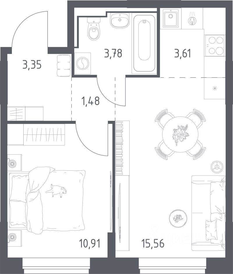 1-комн. квартира, 38,69 м², в ЖК Богдановский Лес