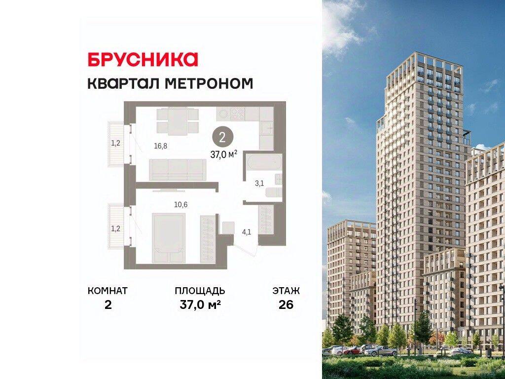 2-комн. квартира, 37 м², в ЖК Квартал Метроном