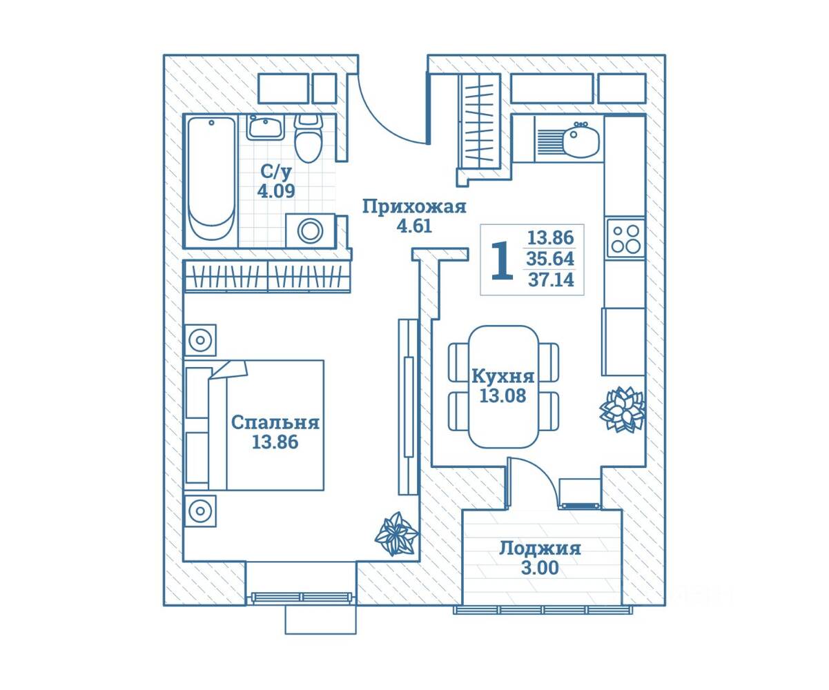 1-комн. квартира, 37,14 м², в ЖК Новоград Монино