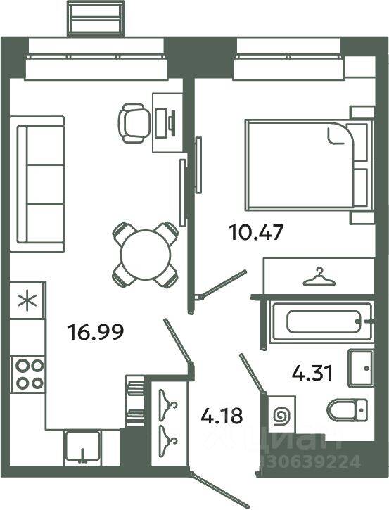 1-комн. квартира, 35,95 м², в ЖК Загляденье