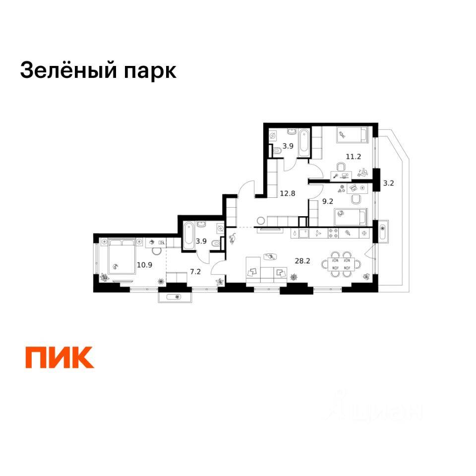 3-комн. квартира, 90,5 м², в ЖК Зеленый парк