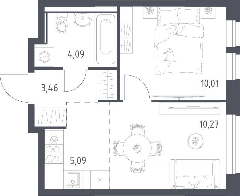 Планировка 1 комнатной квартиры, 32.92 м², в «Квартал Ивакино»