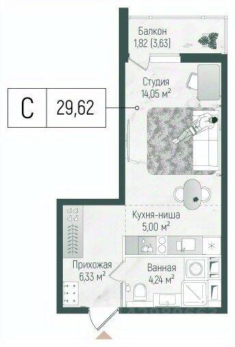 Планировка 1 комнатной квартиры, 31.44 м², в «Riga Hills»