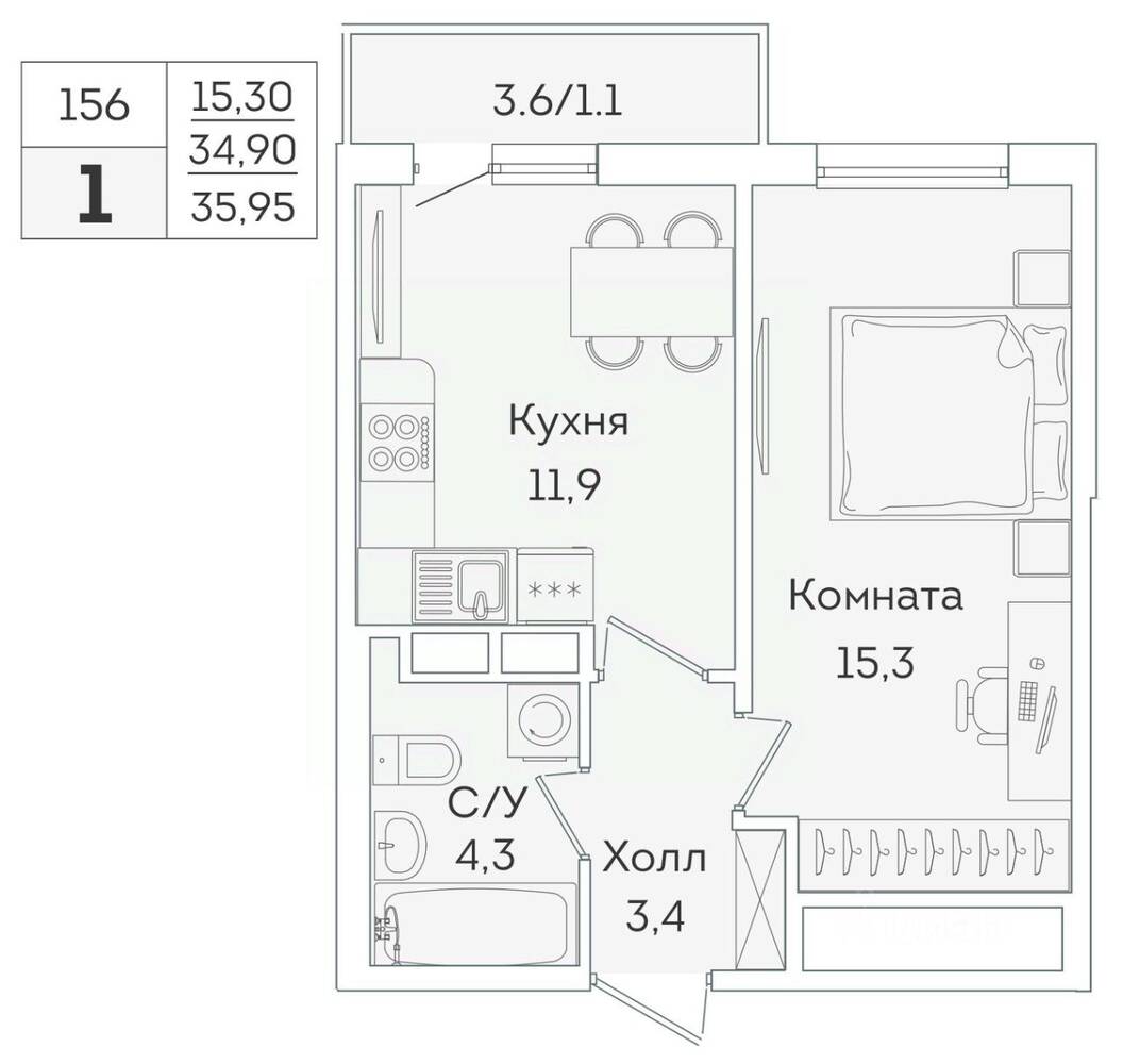 1-комн. квартира, 34,9 м², в ЖК «Lampo»
