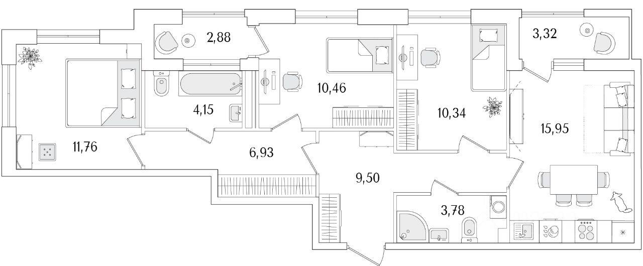3-комн. квартира, 75,97 м², в ЖК «Гранат»