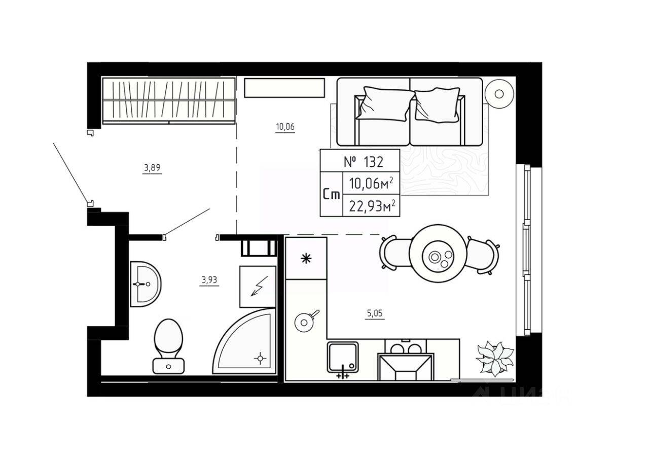 Планировка 1 комнатной квартиры, 22.93 м², в «Аннино Сити»