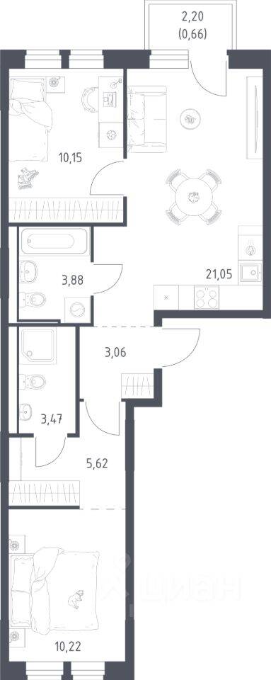 2-комн. квартира, 58,11 м², в ЖК Квартал Ивакино
