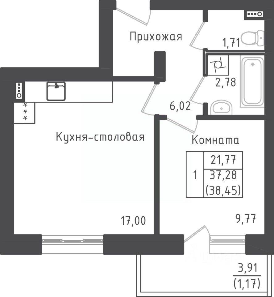 1-комн. квартира, 38,21 м², в ЖК Зеленый Оазис-Город