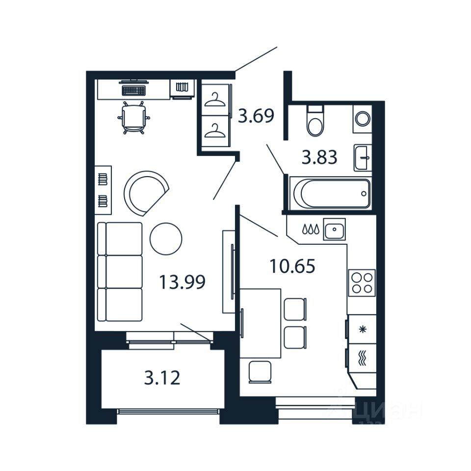 1-комн. квартира, 31,8 м², в ЖК Полис Новоселье