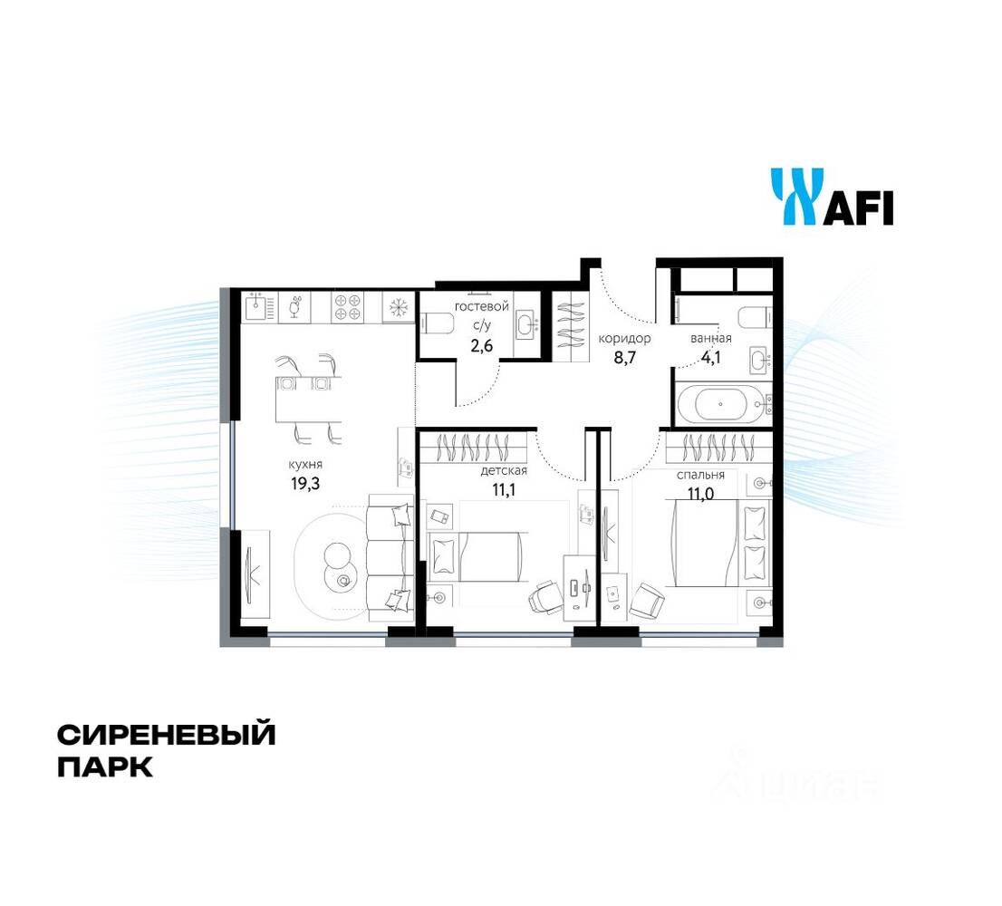 Планировка 2 комнатной квартиры, 56.9 м², в «Сиреневый парк»