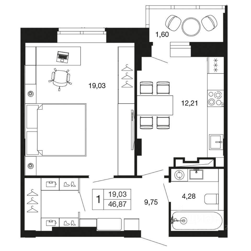 1-комн. квартира, 46,9 м², в ЖК «Времена года»