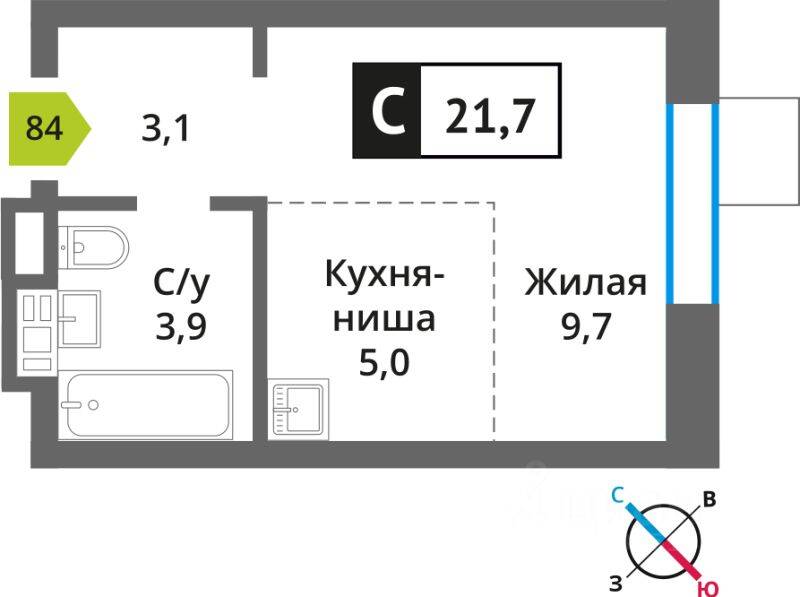 1-комн. квартира, 21,7 м², в ЖК Лесная Отрада