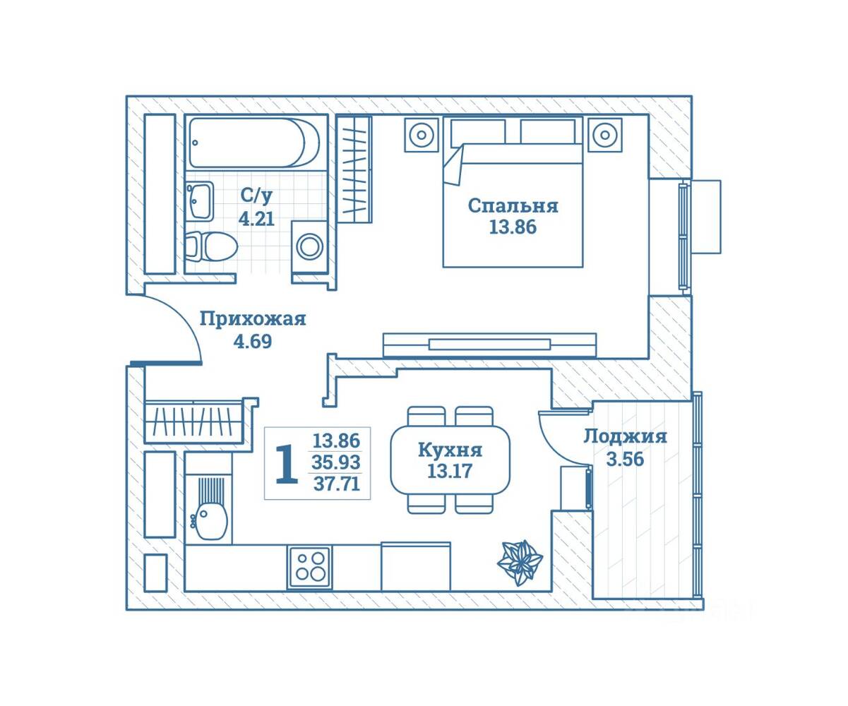 1-комн. квартира, 37,71 м², в ЖК Новоград Монино
