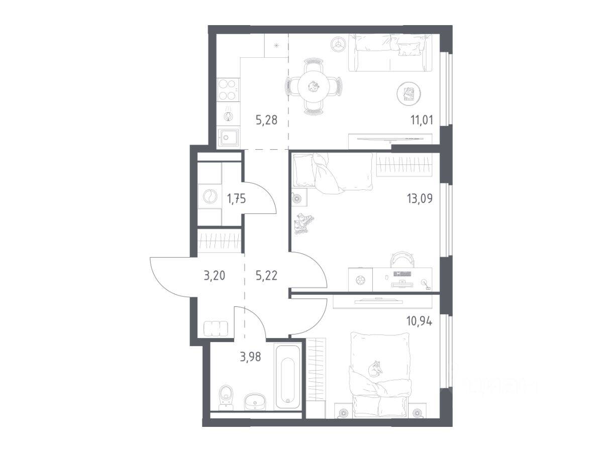 2-комн. квартира, 54,47 м², в ЖК Горки Парк