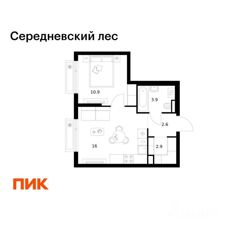 1-комн. квартира, 36,3 м², в ЖК Середневский лес