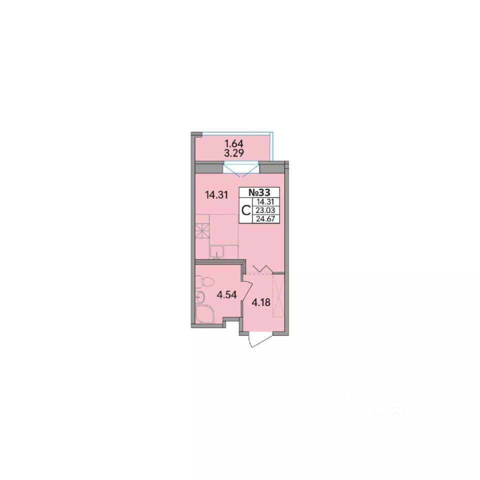 Планировка 1 комнатной квартиры, 24.67 м², в «Рождественский квартал»