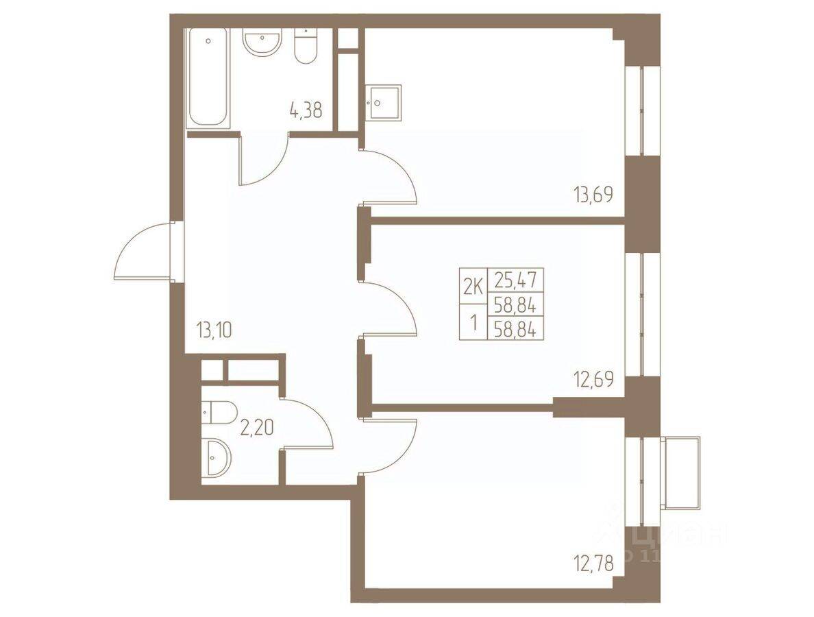 2-комн. квартира, 58,84 м², в ЖК Фабрикант