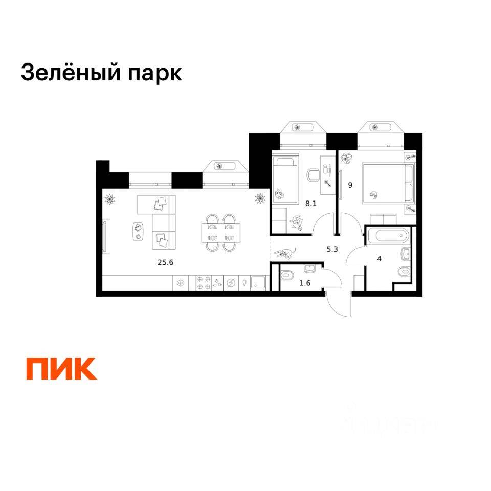 2-комн. квартира, 53,6 м², в ЖК Зеленый парк