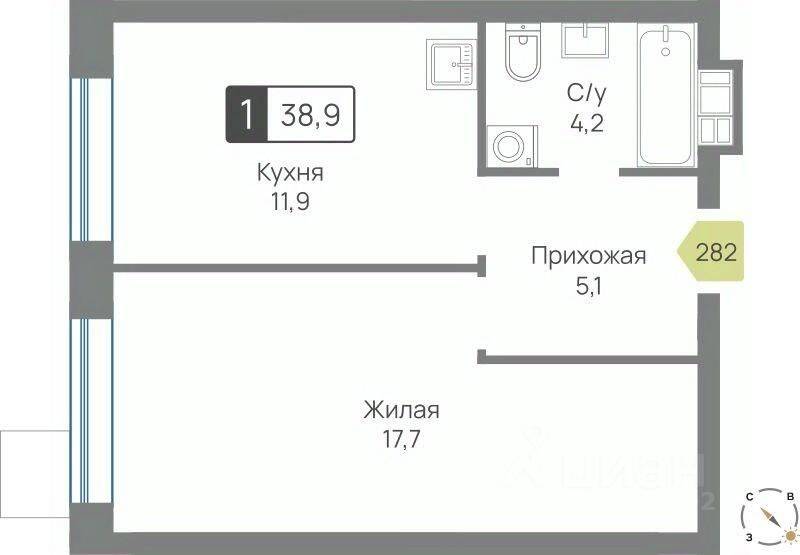 1-комн. квартира, 38,9 м², в ЖК Лесная Отрада