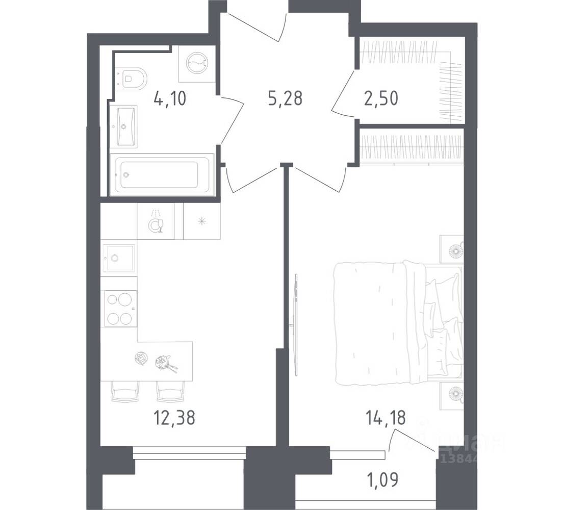 1-комн. квартира, 39,53 м², в Апарт-комплекс Sky Sputnik