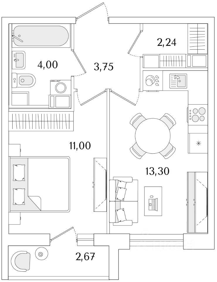1-комн. квартира, 35,63 м², в ЖК Кинопарк