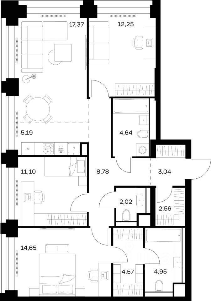 3-комн. квартира, 91,12 м², в ЖК Nova