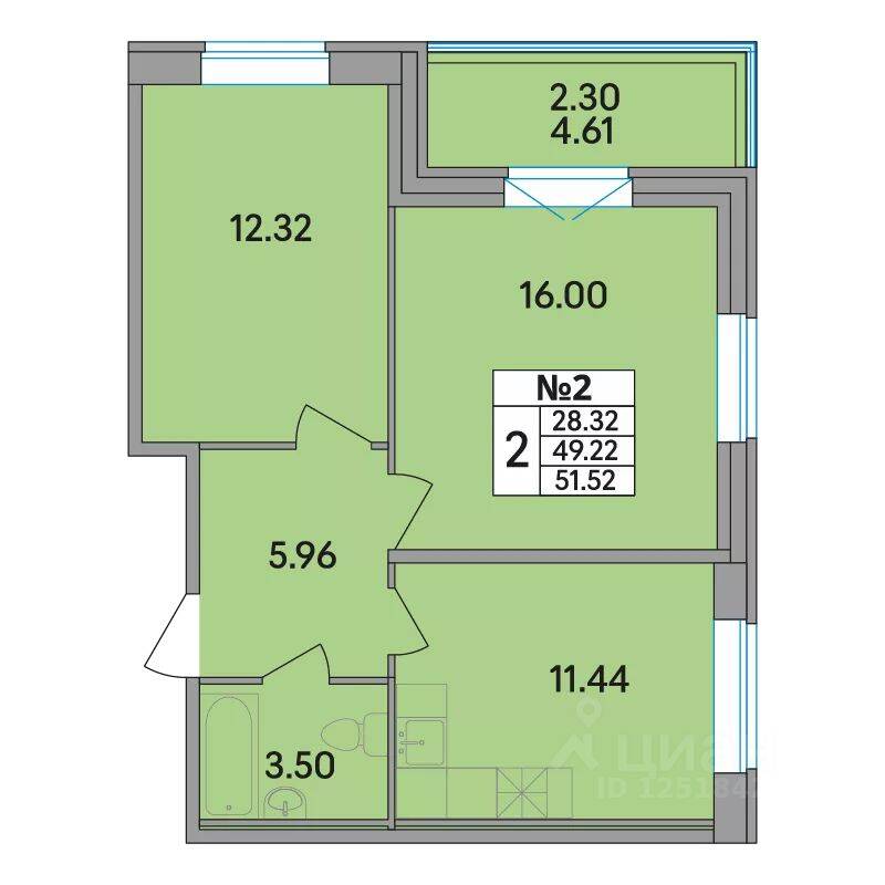2-комн. квартира, 51,52 м², в ЖК Рождественский квартал
