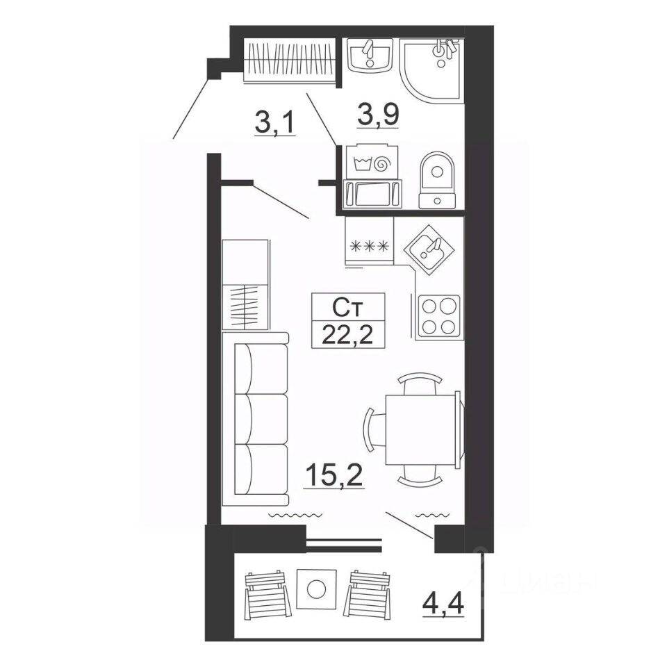 Квартира-студия, 22,2 м², в ЖК Рубеж