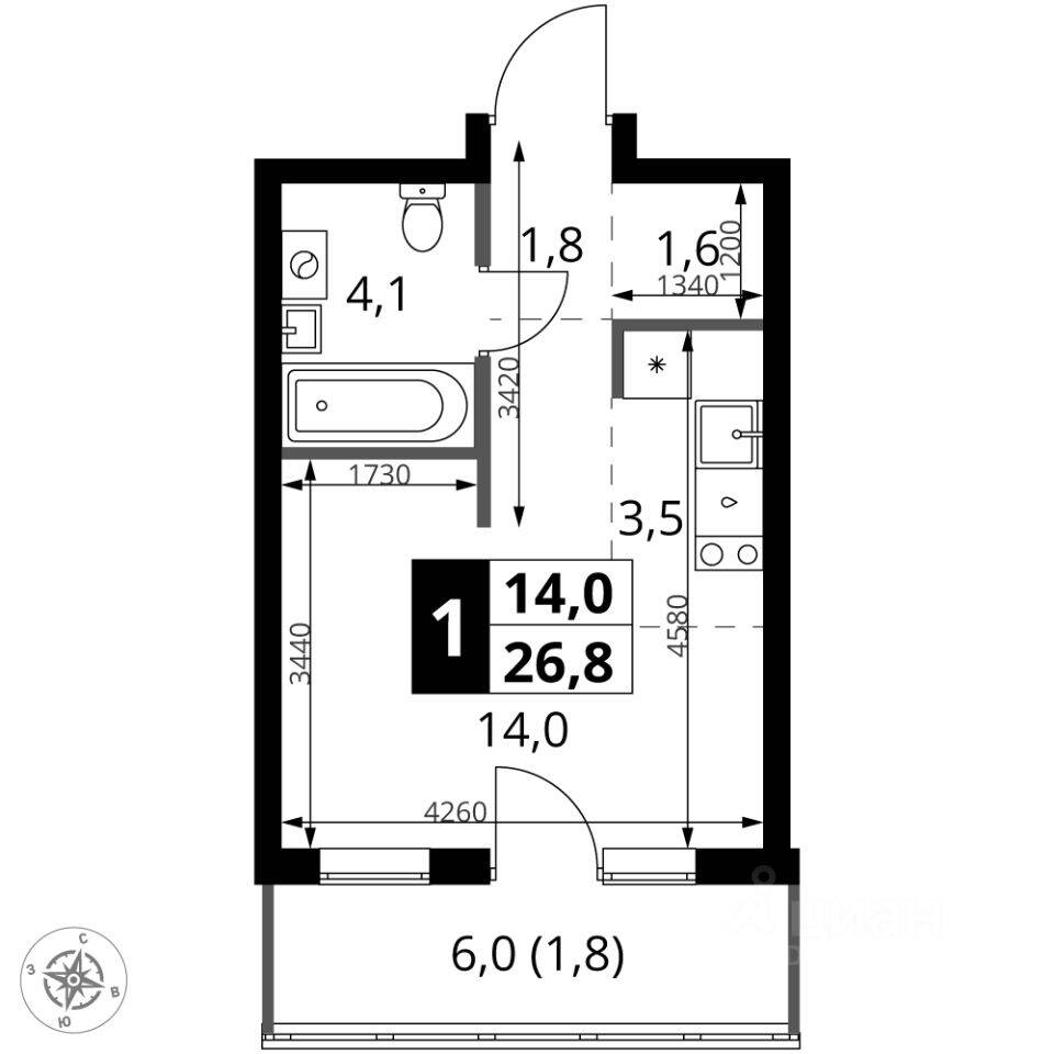 Квартира-студия, 26,8 м², в ЖК 1-й Ясеневский