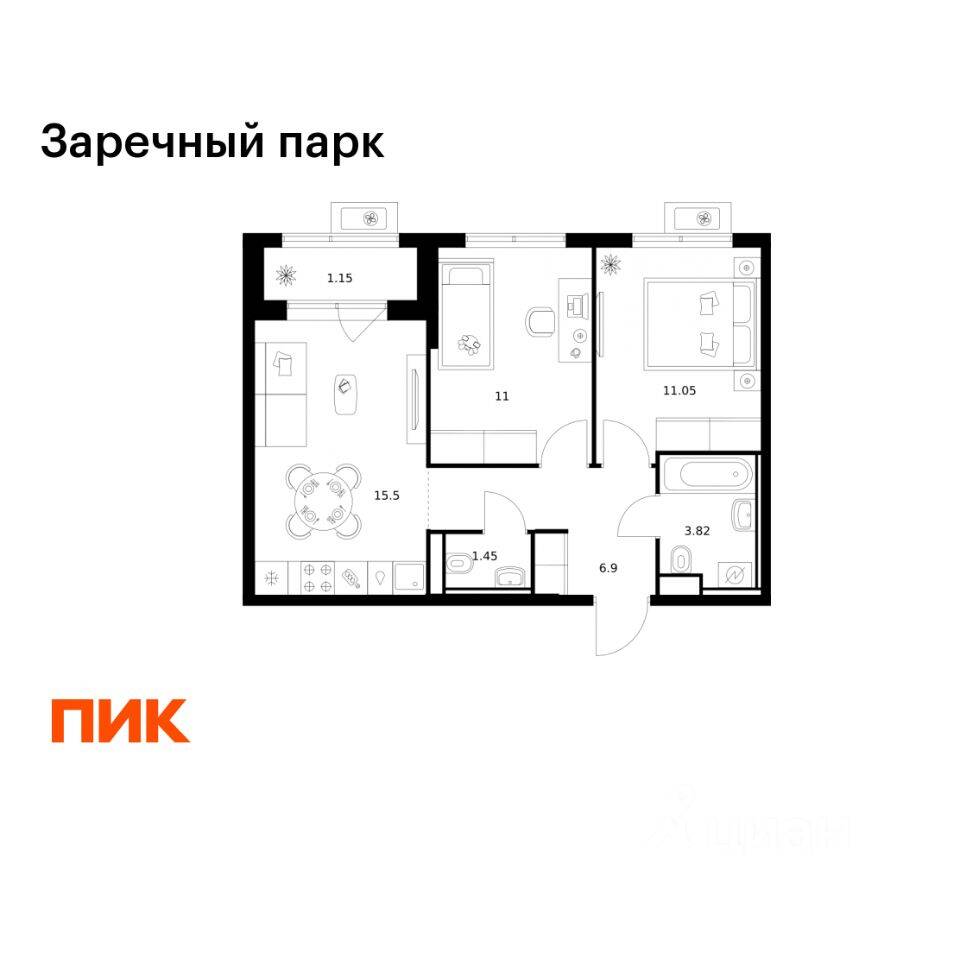 2-комн. квартира, 50,87 м², в ЖК Заречный парк