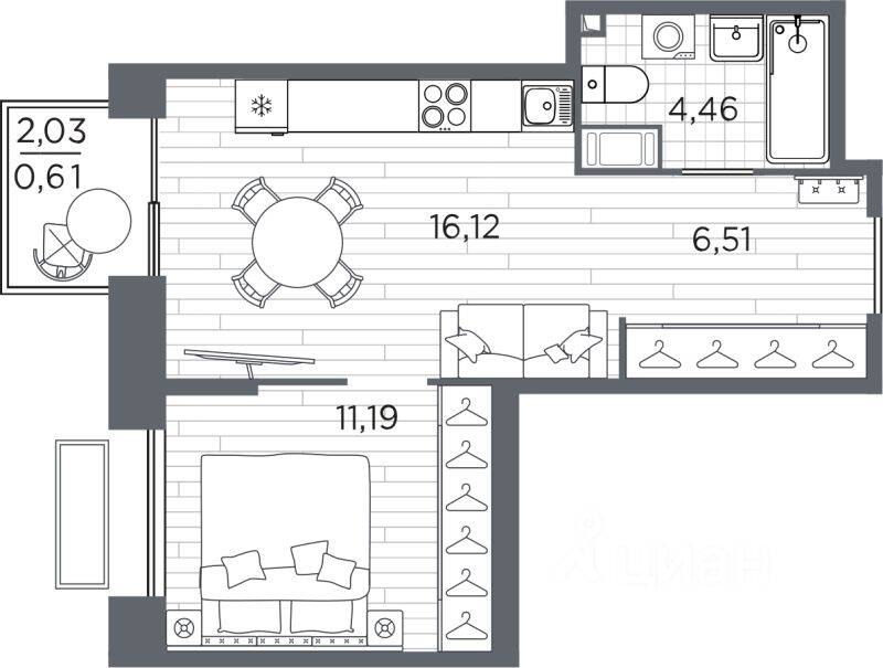 1-комн. квартира, 38,89 м², в ЖК Respect