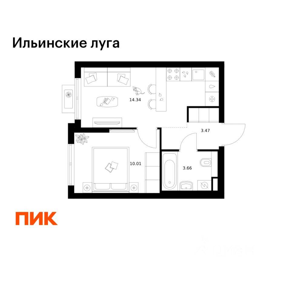 1-комн. квартира, 31,48 м², в ЖК «Ильинские луга»