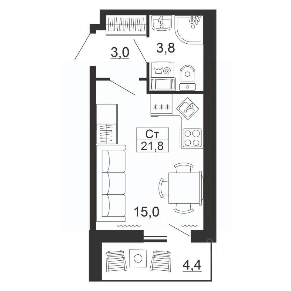 Планировка 1 комнатной квартиры, 21.8 м², в «Рубеж»