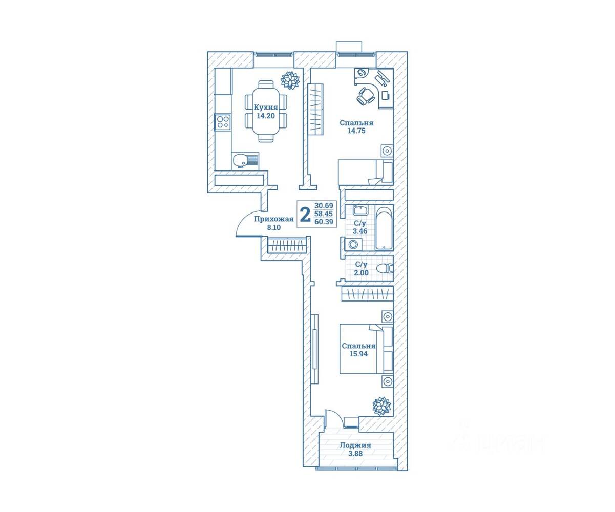 2-комн. квартира, 60,5 м², в ЖК Новоград Монино