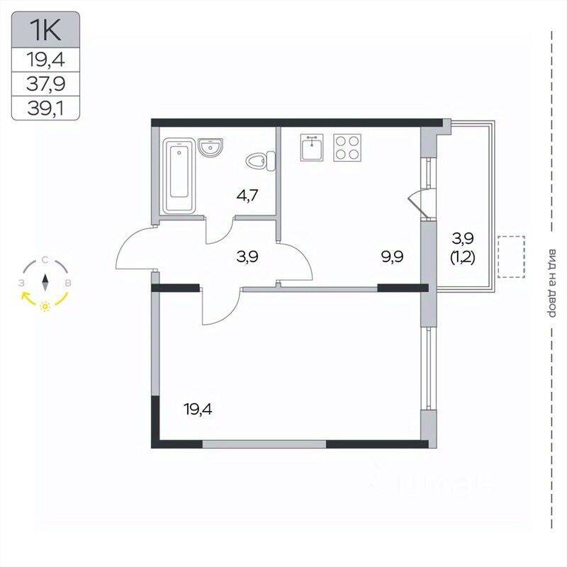 1-комн. квартира, 39,1 м², в ЖК «Пироговская Ривьера»