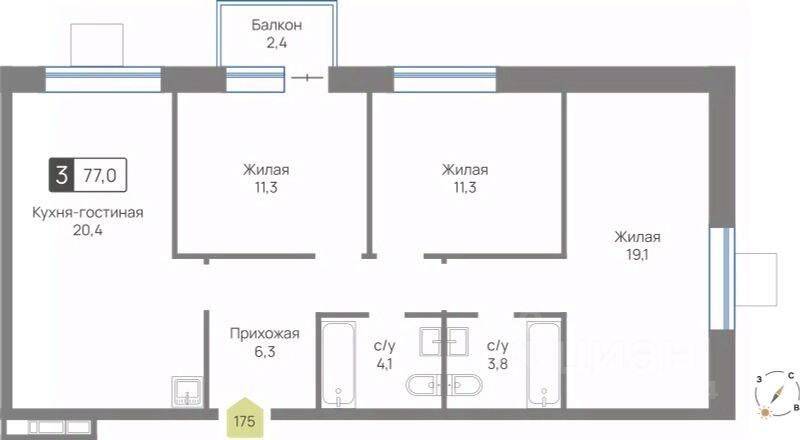 Планировка 3 комнатной квартиры, 77 м², в «Отрада»