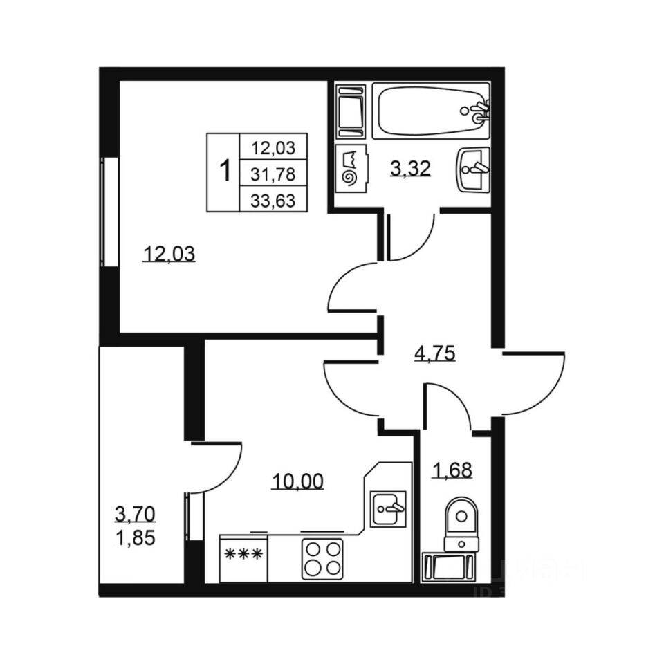 1-комн. квартира, 33,63 м², в ЖК «Высота» (Бугры)