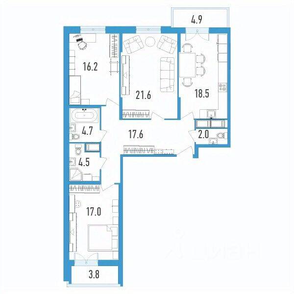 Планировка 3 комнатной квартиры, 105.5 м², в «Нахимов»