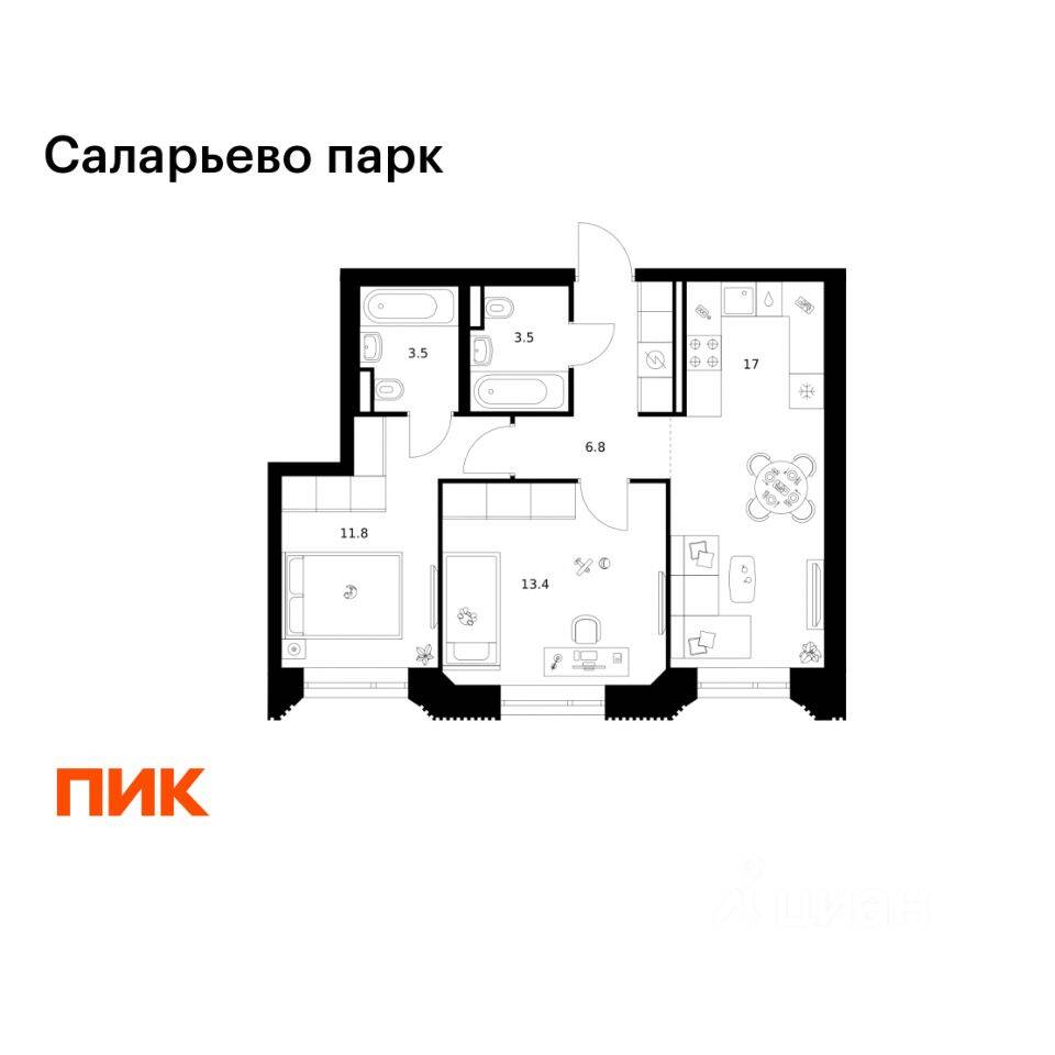 2-комн. квартира, 56 м², в ЖК «Саларьево парк»