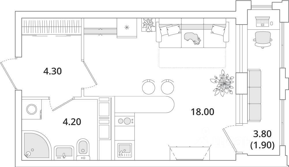 Квартира-студия, 28,6 м², в ЖК Тайм Сквер