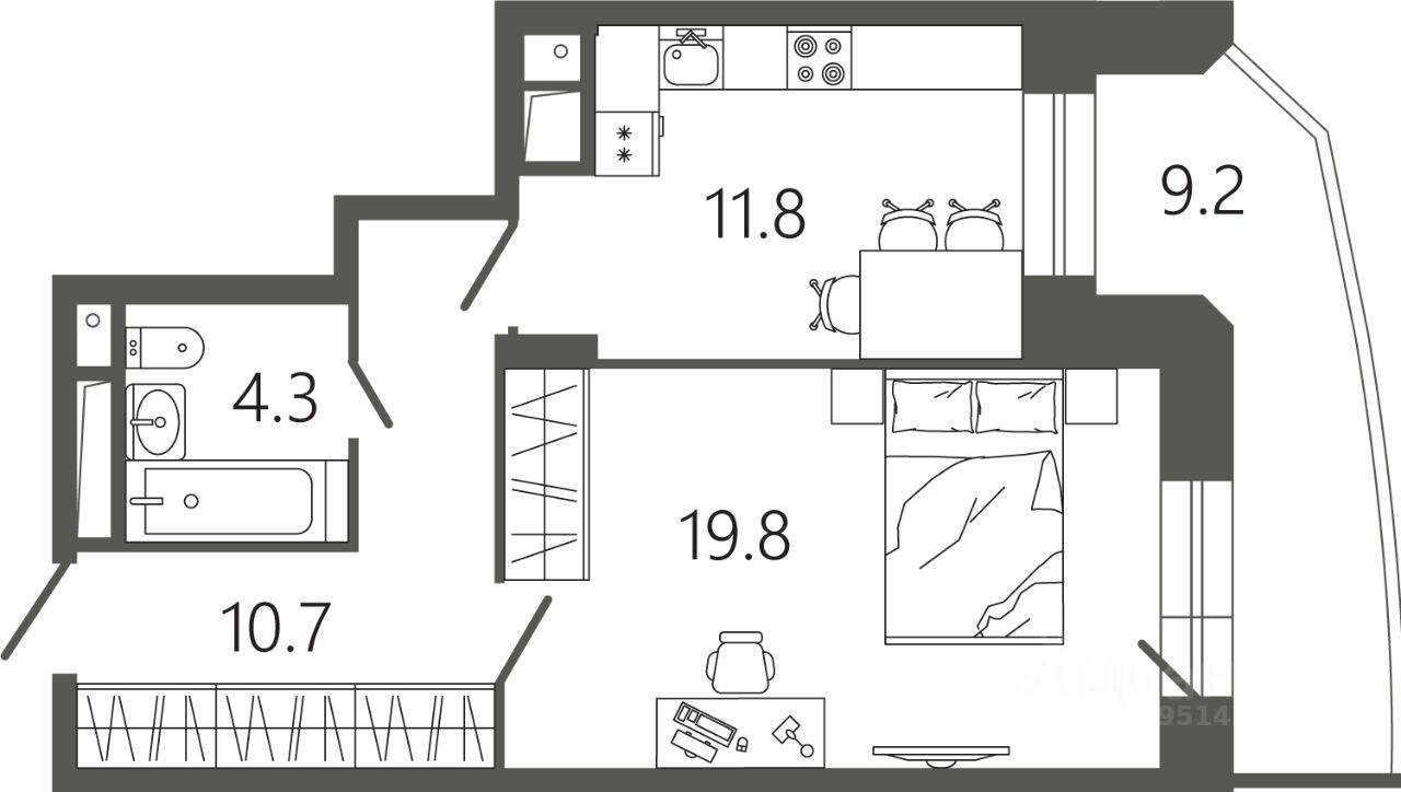Планировка 1 комнатной квартиры, 49.4 м², в «Советская 18»