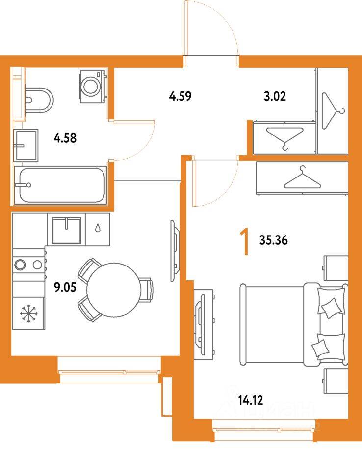 1-комн. квартира, 35,36 м², в ЖК Страна.Парковая