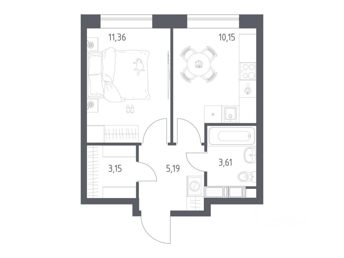 1-комн. квартира, 33,46 м², в ЖК Цветочные поляны Экопарк