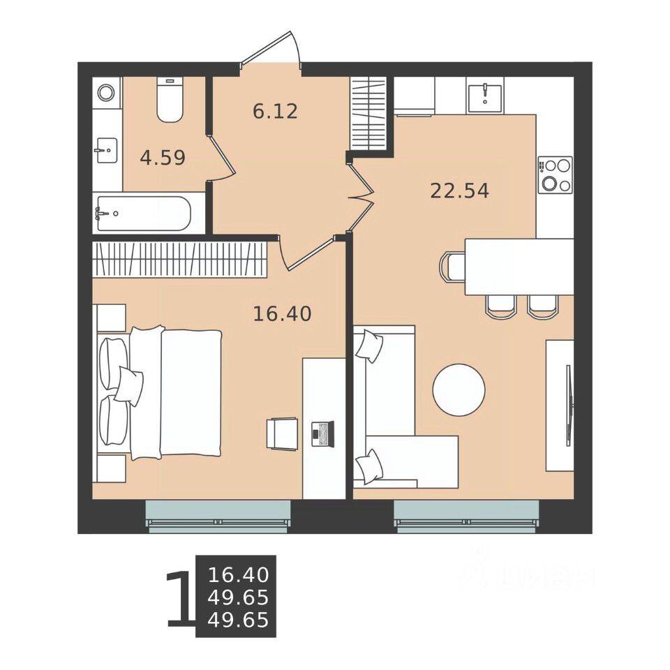 Планировка 1 комнатной квартиры, 49.65 м², в «Мишино-2»